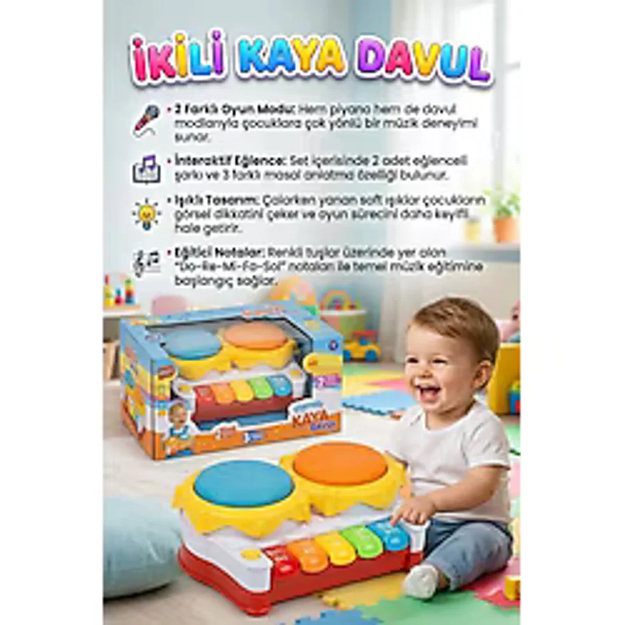 Piyanolu İkili Kaya Davul! Işıklı Sesli Müzikli Masal Anlatan Şarkı Çalan Eğitici Oyuncak Enstrüman