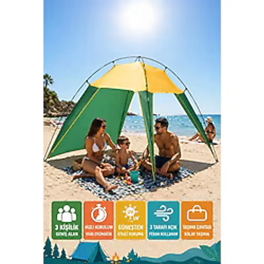 Plaj Çadırı Tentesi 200x170x150 cm Yarı Otomatik Gölgelik Kamp Piknik Taşınabilir Tente - 3 Kişilik