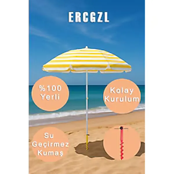 Plaj Şemsiyesi ve Şemsiye Sabitleme Kazığı Seti - Uv Koruma, Su Geçirmez, 8 Telli