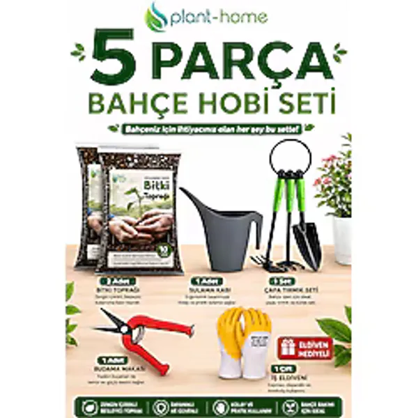 plant-home Bahçe Hobi Seti 5 Parça 10 Litre Bitki Toprağı (2x5 Litre), Bahçe El Aletleri Seti, 1 Litre Sulama Kabı, Budama Makası ve İş Eldiveni