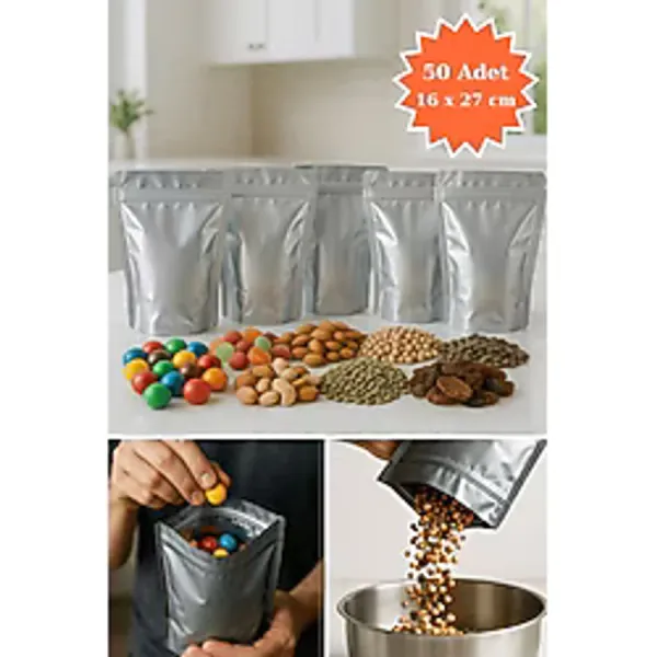 Plas+Plus Kilitli Metalize Doypack Kahve Kuruyemiş Bakliyat Kedi Köpek Kuş Yemi Saklama Torbası 16X27 cm 50LI