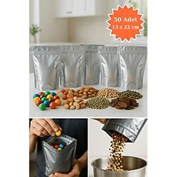 Plas+Plus Kilitli Metalize Doypack Kahve Kuruyemiş Bakliyat Kedi Köpek Kuş Yemi Saklama Torbası 13X22 cm 50LI