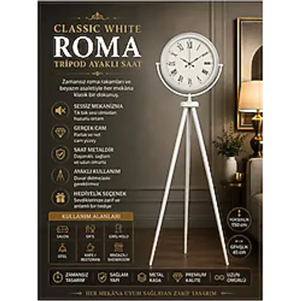 Platin Classic White Roma Tripod Ayaklı Saat