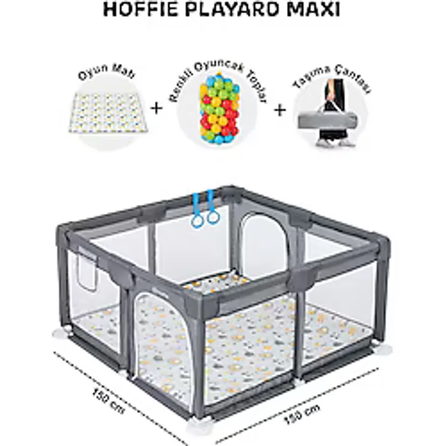 Playard Maxi Güvenli Bebek ve Çocuk Oyun Alanı Oyun Parkı 150X150CM Oyun Matı ve Topları