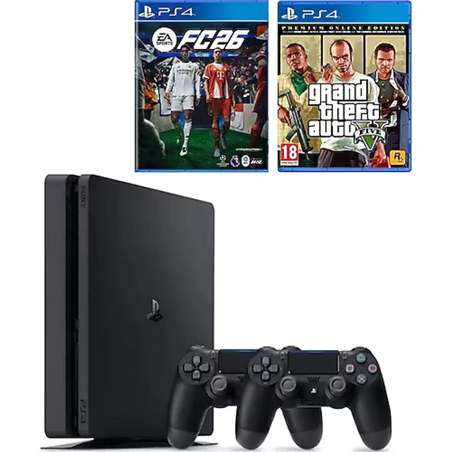 Playstation 4 Slim 1 TB+2. DualShock Kol + Ps4 FC 26 + GTA 5 (ithalatçı Garantili)