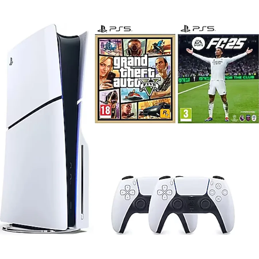 PlayStation 5 1 TB Slim CD Edition Oyun Konsolu + 2. PS5 Kol + PS5 GTA 5 + PS5 FİFA 25 Oyunu