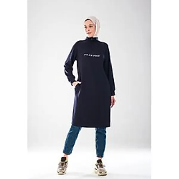 Plistre 2290_KADIN Tesettür Spor Tunik Elbise - Reflektör Baskılı, Dik Yakalı Fermuarlı, Cepli, Yumuşak Doku - 00400 Lacivert