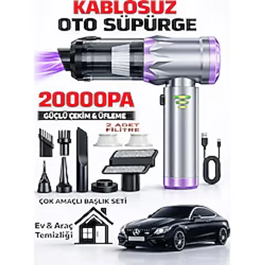 POBO H-8083 20.000Pa Kablosuz Oto Araç Süpürgesi Şarjlı 3 Kademeli Profesyonel Ultra Çekim Güçlü Mini