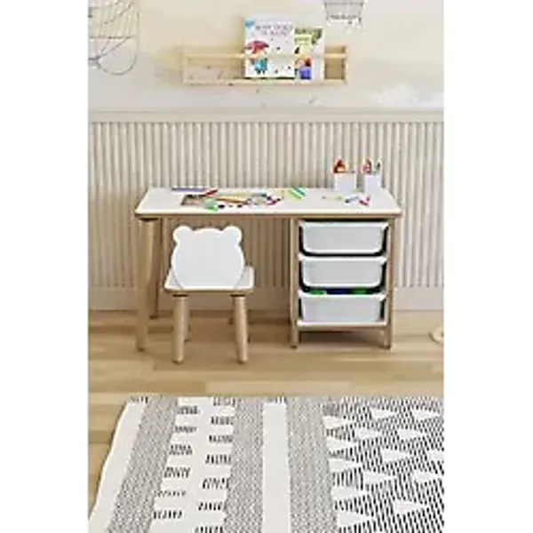Pofitto Çocuk Masa Sandalye Takımı-3 Sepetli Çocuk Çalışma Masası Aktivite Masası Yaz-Sil Panda Sandalye - Beyaz
