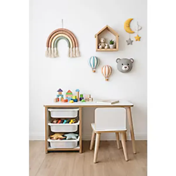 POFİTTO Çocuk Masa Sandalye Takımı 90x45 Cm 3 Sepetli Çocuk Çalışma Masası Aktivite Masası Yaz-sil