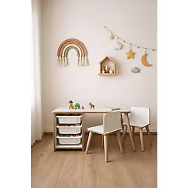 POFİTTO Çocuk Masa Sandalye Takımı 90x45 Cm 3 Sepetli Çocuk Çalışma Ve Aktivite Masası Yaz-sil,2 Sandalyeli