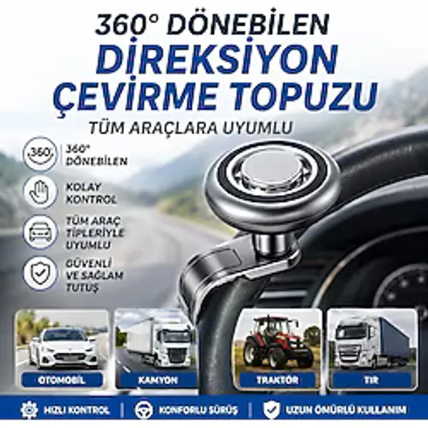 Polham 360 Derece Dönebilen Direksiyon Çevirme Topuzu - Tüm Araçlarla Uyumlu, Kamyon, Tır, Traktör, Direksiyon Çevirme Topuzu
