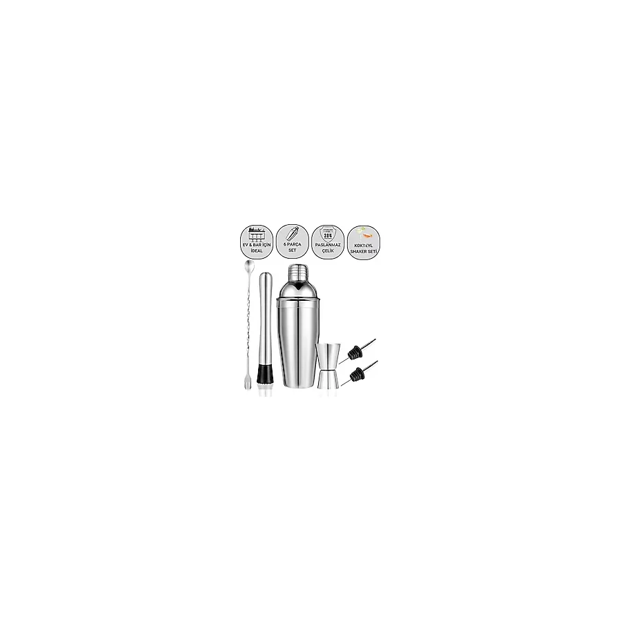 Polham 6 Parça 750ML Paslanmaz Çelik Kokteyl Shaker Seti - Ev ve Bar İçin Ideal, Sızdırmaz Kapaklı - Krom - 750 ml