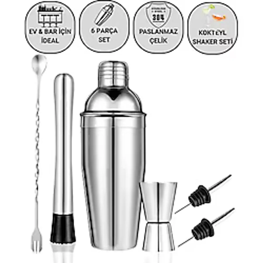 Polham 6 Parça 750ML Paslanmaz Çelik Kokteyl Shaker Seti - Ev ve Bar İçin İdeal, Sızdırmaz kapaklı