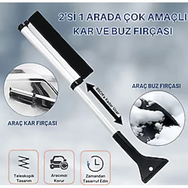 Polham Alüminyum 2İn1 65 Cm Uzayabilen Teleskopik Kar Ve Buz Fırçası Kar Temizleme Fırçası + Buz Kazıyıcı