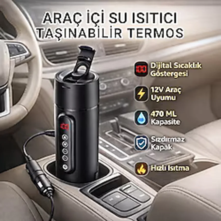 Polham Araç İçi Su Isıtıcı 470 ML - Dijital Sıcaklık Göstergeli Taşınabilir Termos 12V Çakmaklık U