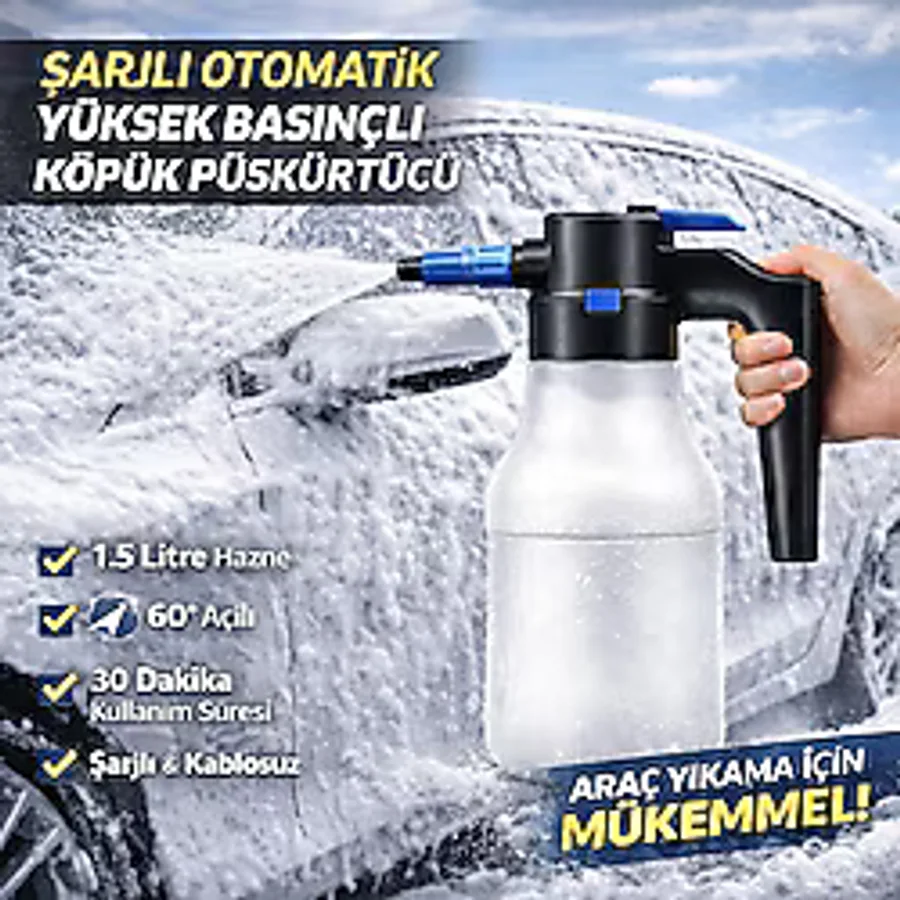 Polham Şarjlı Otomatik 1.5 Litre Yüksek Basınçlı Araç Yıkama Köpük Püskürtücü El Pompası, Otomobil Temizleme Pompası