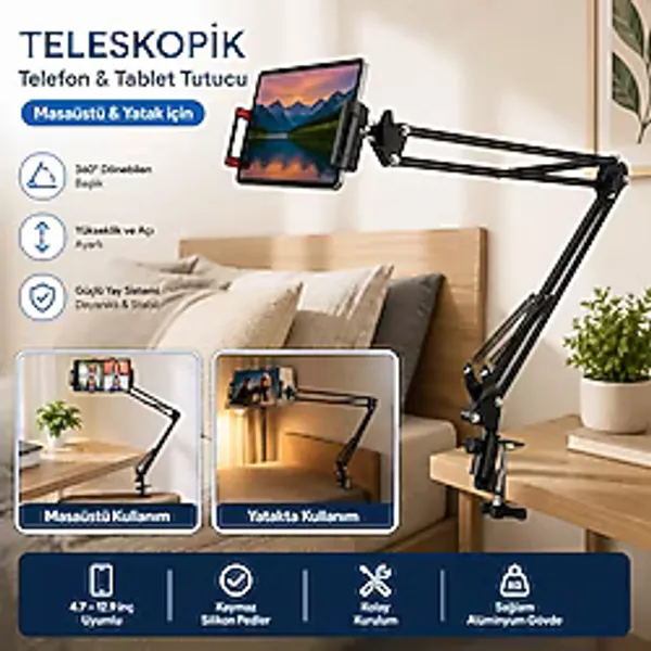 Polham Teleskopik Masaüstü Ve Yatak Bazası İçin Telefon Ve Tablet Tutucu Stand, Yükseklik Ve Açı Ayarlı Tablet Tutucu