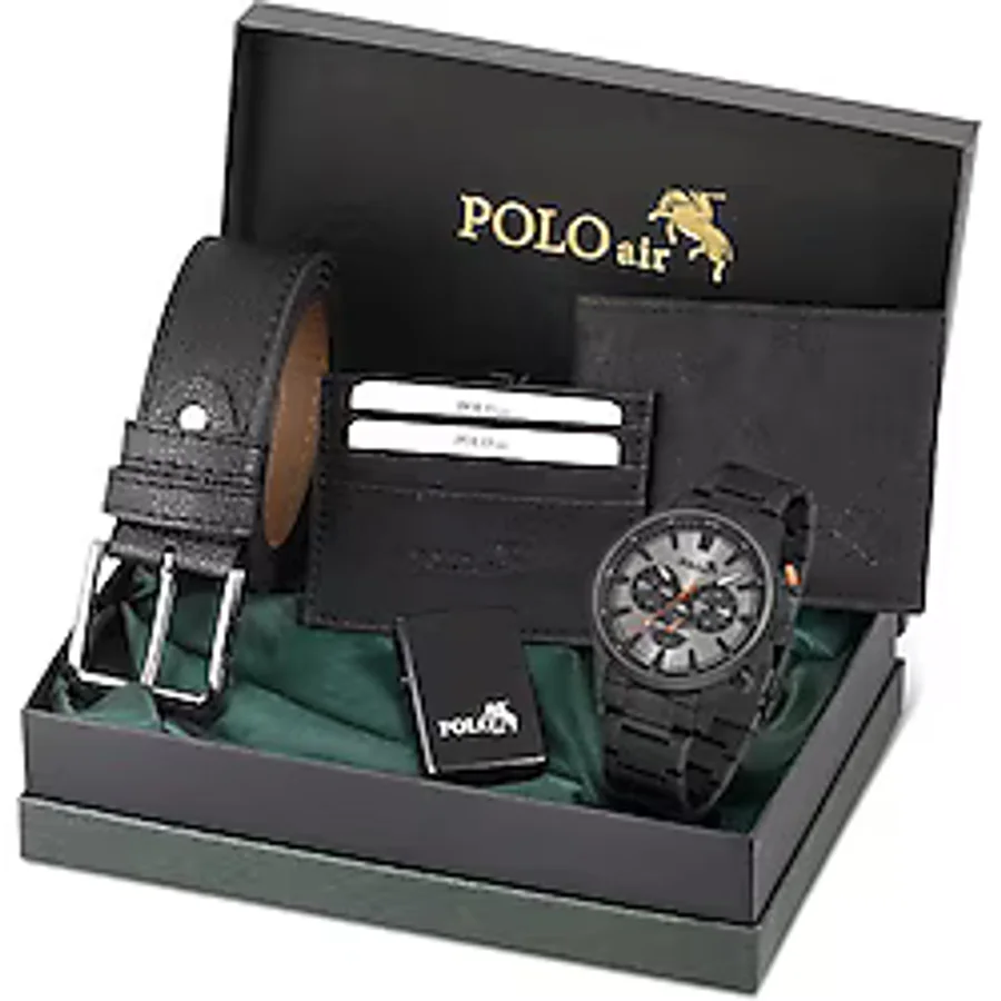 Polo Air Erkek Set Kombin Kemer Cüzdan Kartlık Çakmak Kol Saati Hediyelik Kutusunda Siyah Set PL-0976E1 - Mat Siyah