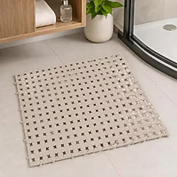 Poomy Banyo Yer Karosu 33x33 cm, Kaymaz Plastik Duş Matı, Geçmeli Modüler Banyo Paspası, Su Tahliye Delikli Islak Zemin Karosu, Lavabo Önü Duş Çıkışı Zemin Matı (Latte)