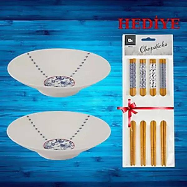 Porland Folksy Sushi,Noodle Çukur Tabak Seti 2'Lİ 20cm ( HEDİYE 4 ÇİFT BAMBU CHOPSTICK 24 CM )