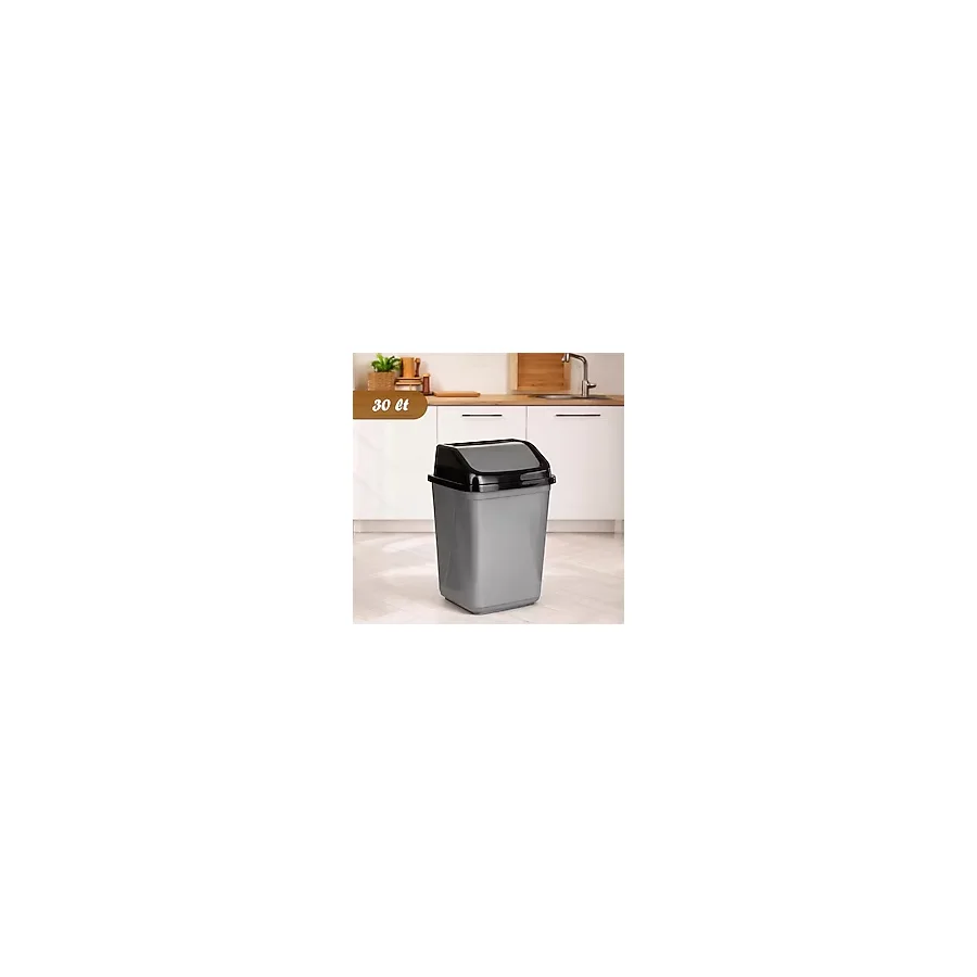 Porsima 0098 Kapaklı Gri-Siyah Çöp Kutusu - Favori Banyo ve Mutfak Çöp Kovası 30LT - 30 lt