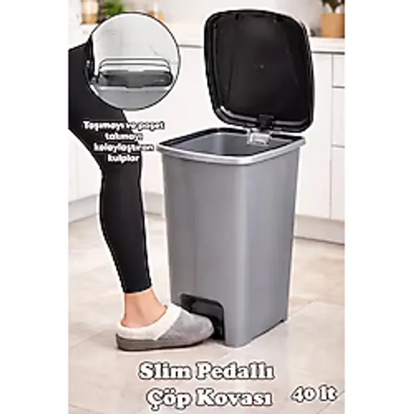 Porsima 0122 Pedallı Metalize Banyo Mutfak Çöp Kovası Siyah Kapaklı Slim Pedallı Çöp Kovası 40 Litre - 40 lt
