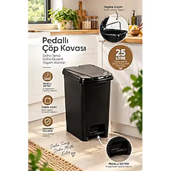 Porsima 0131-1 Slim Pedallı Çöp Kovası 25 Lt Siyah - Taşıma Kulplu Iç Kovalı, Mutfak ve Banyo İçin Ince Çöp Kovası