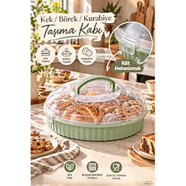 Porsima 0653 Vista Kilitli ve Kulplu Yuvarlak Börek, Kek ve Kurabiye Taşıma Kabı 32 cm - Şeffaf Kapaklı Hamur Işi Saklama ve Sunum Fanusu Mint Yeşili