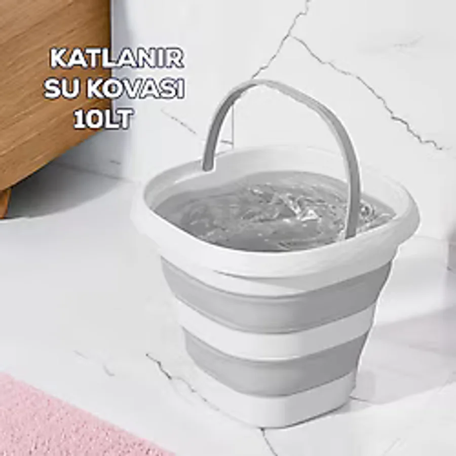 Porsima 1175 Damla Katlanabilir Silikon Su Kovası Gri Beyaz Beyaz - Gri