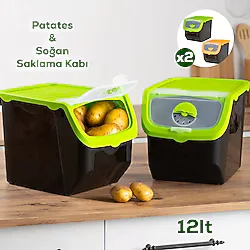 Porsima 1506 Yeşil 2'Li Çok Amaçlı Plastik Patates Soğan Sarımsak Oyuncak Erzak Saklama Kutusu 12L