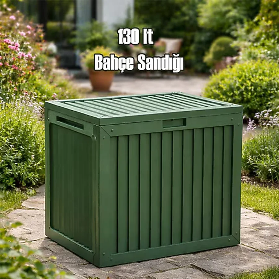 Porsima 161001-005 130LT Kilitli Organizer Kapaklı Bahçe Balkon Kiler Sandığı Çok Amaçlı Depolama Sandığı Yeşil