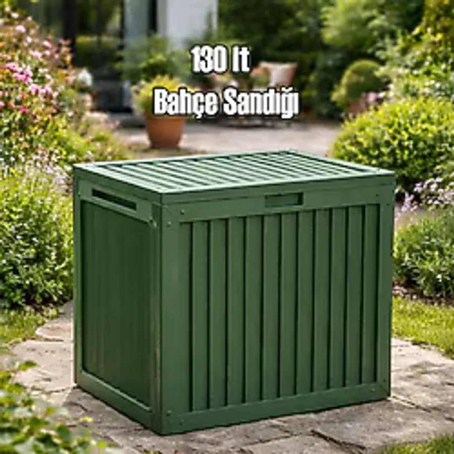Porsima 161001-005 130LT Kilitli Organizer Kapaklı Bahçe Balkon Kiler Sandığı Çok Amaçlı Depolama Sandığı Yeşil