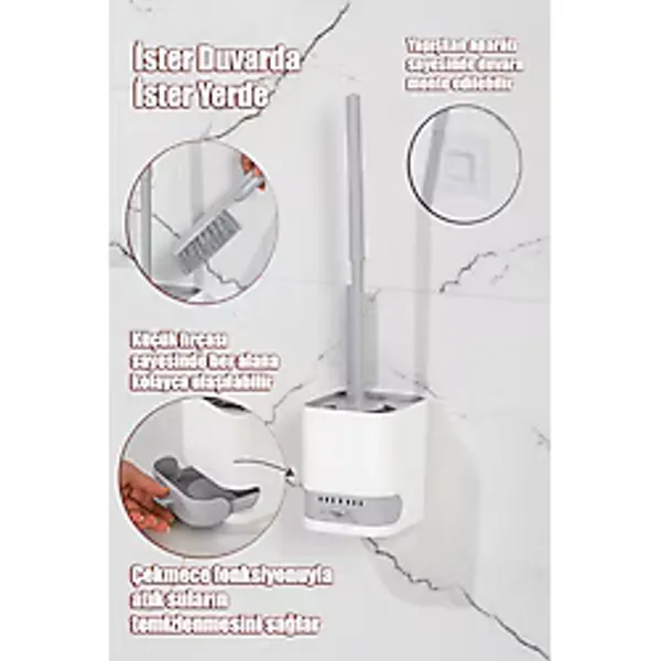 Porsima 2026 Pratik Temizlik Tuvalet Fırçalığı Banyo Tuvalet Fırçası Wc Fırçası -Gri Beyaz