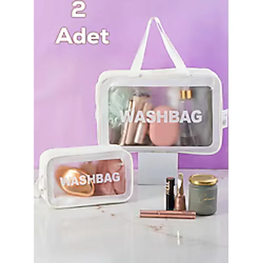 Porsima 2li Şeffaf - Beyaz Seyahat ve Makyaj Çantası Su Geçirmez Organizer Washbag