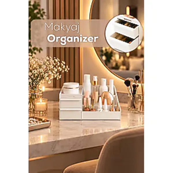 Porsima 5303 Çok Amaçlı Organizer 2 Çekmeceli Kozmetik Parfüm Krem Takı Makyaj Düzenleyici Beyaz