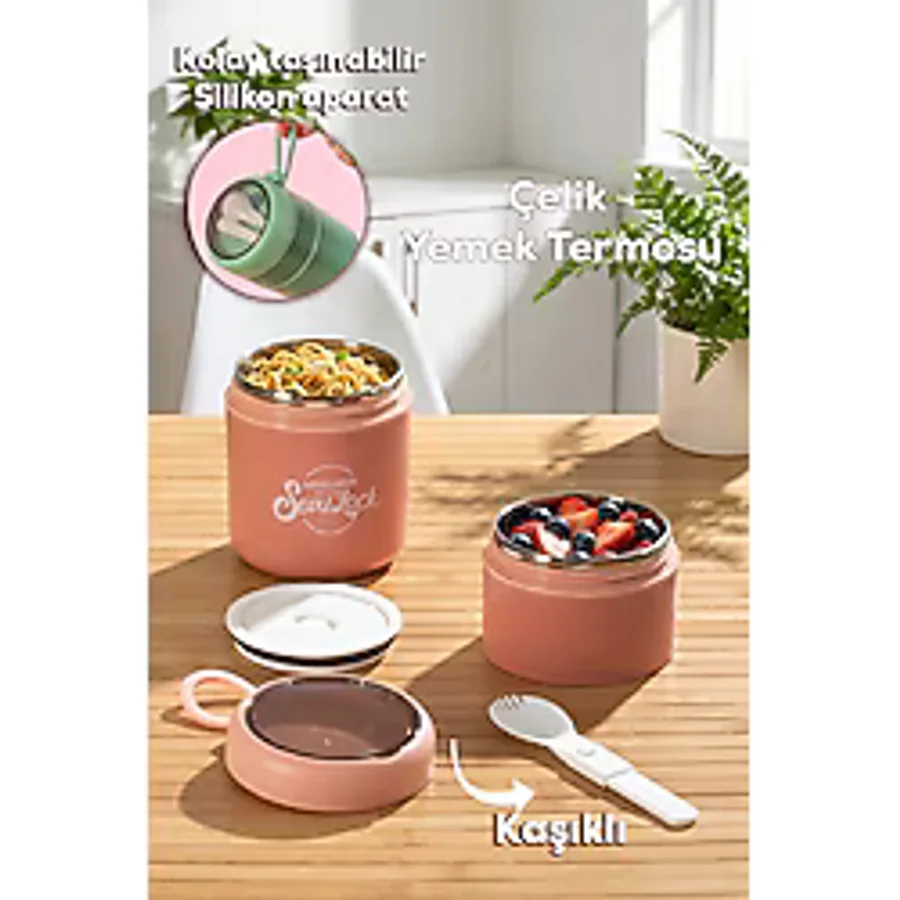 Porsima 66720 Yemek Termosu Çelik Yemek Termosu Lunch Box Taşınabilir Yemek Kabı Termos 710 mL -Pembe