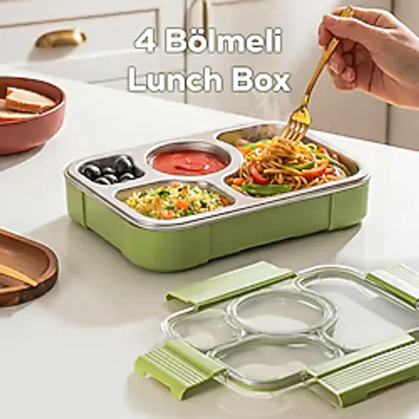 Porsima BL25239 Isı Yalıtımlı Paslanmaz Çelik Sızdırmaz Silikon Kapak 4 Bölmeli Vakumlu Yemek Termosu Beslenme Kutusu Taşınabilir Lunch Box Sefer Tası - Yeşil