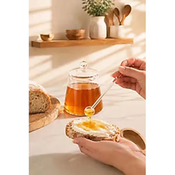 Porsima Lm-0019 Kaşıklı Kapaklı Cam 2Li Şekerlik Sunumluk Seti Bal Ve Reçel Kavanozu Saklama Kabı 500Ml