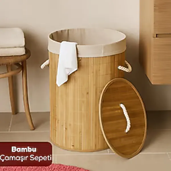 Porsima Pbt-052 Kapaklı Kirli Çamaşır Sepeti Yuvarlak - Bambu Kirli Çamaşır Sepeti Bambu