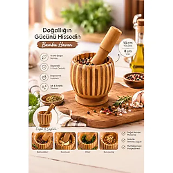 Porsima Pbt-409 Doğal Bambu Havan - Sarımsak Döveceği Ahşap Sarımsak Ezici Havan Döveç Ahşap