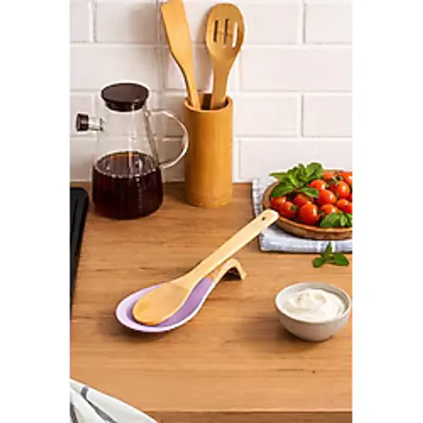 Porsima PBT-718-3 Bambu Saplı Silikon Kirli Kepçe Kaşıklık Altlığı Kepçe Ve Kaşık Nihalesi Lila