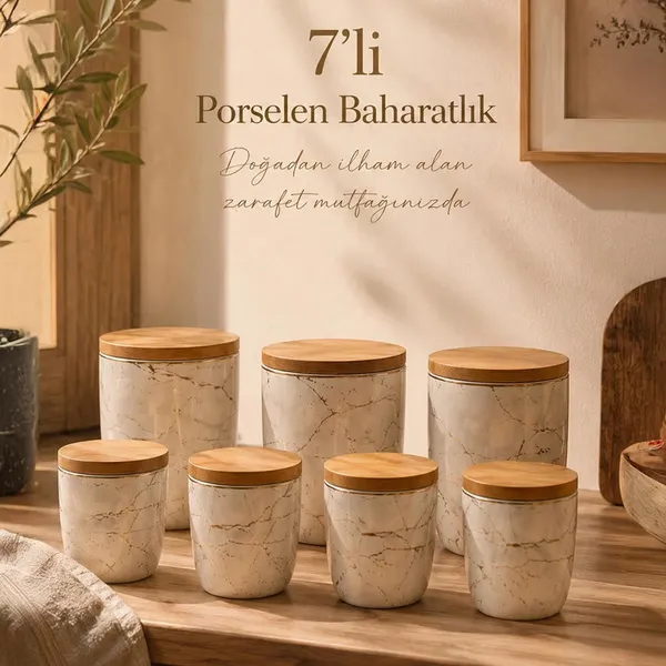 Porsima PXM2673-7/S Marble 7 Parça Bambu Vakum Kapaklı Porselen Baharat Takımı Baharatlık Seti