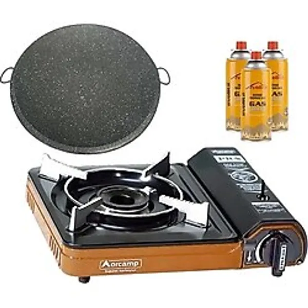 Portatif Kamp Ocağı Turuncu + Granit Katmer + 3 Evolite 227 gr Gaz Kartuşu EVO-003-E2 - Çok Renkli