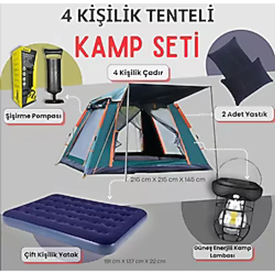 Post Alley 4 Kişilik Tam Otomatik Tenteli Kamp Çadırı + Çift Kişilik Şişme Yatak Seti + Lamba (Kamp Seti)