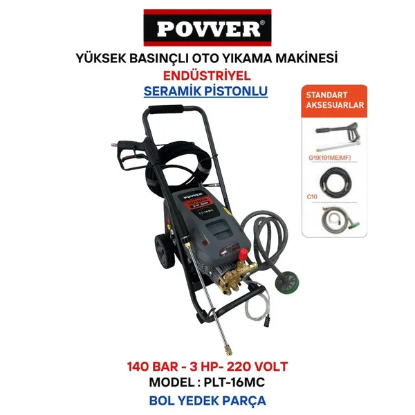 Povver Yüksek Basınçlı Endüstriyel Yıkama Makinası (2200 W-3Hp-140 Bar)