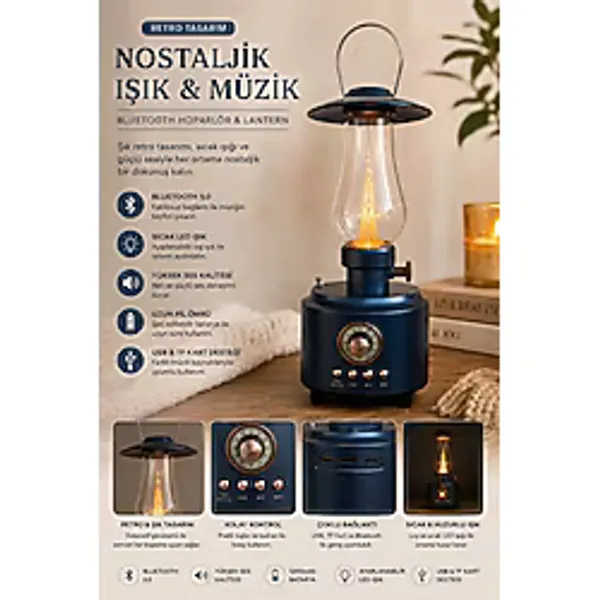 Powerdex Pd-81 Bluetooth Hoparlörlü Dekoratif Nostaljik Gaz Lambası LED Işıldak Kamp Lambası USB Radyo Ses Sistemi