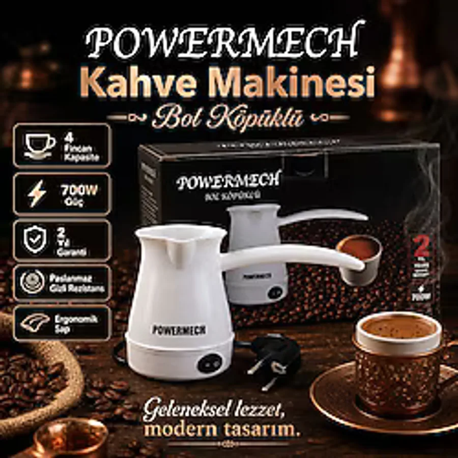 POWERMECH BOL KÖPÜKLÜ ELEKTRİKLİ CEZVE TÜRK KAHVE MAKİNASI ( 4 FİNCAN 330 ML KAPASİTE)