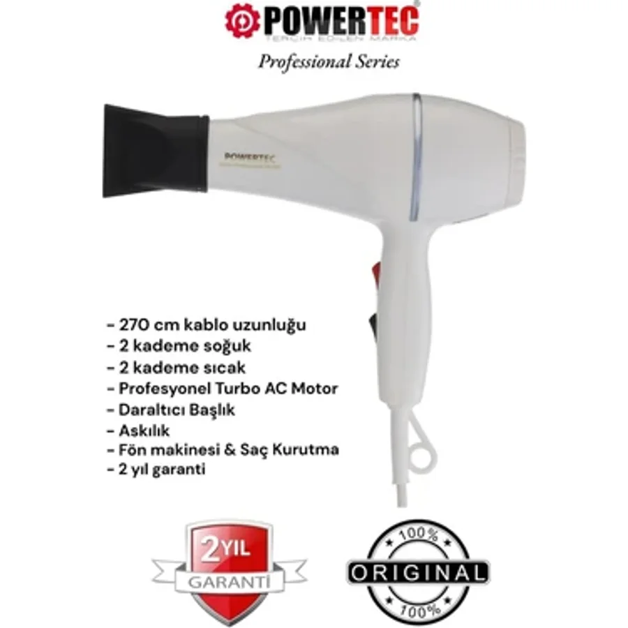 Powertec TR-601 2500 W Profesyonel Fön Makinesi + Berber Fön Fırçası görsel 2