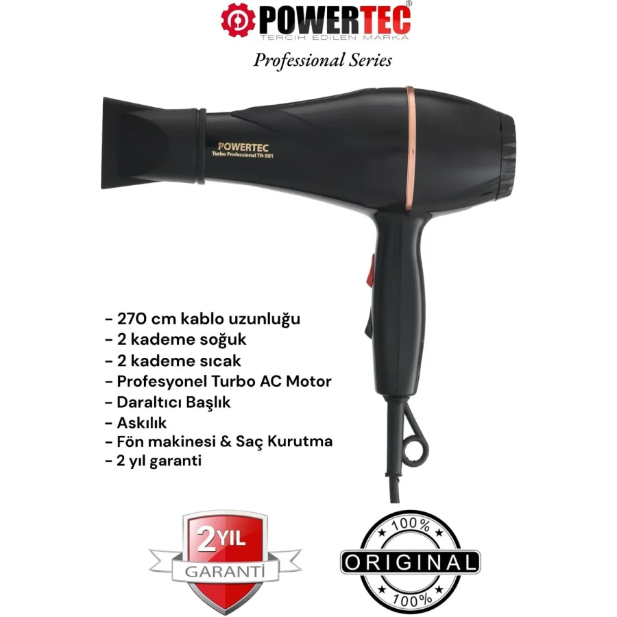 Powertec TR-601 2500 W Profesyonel Fön Makinesi + Berber Fön Fırçası